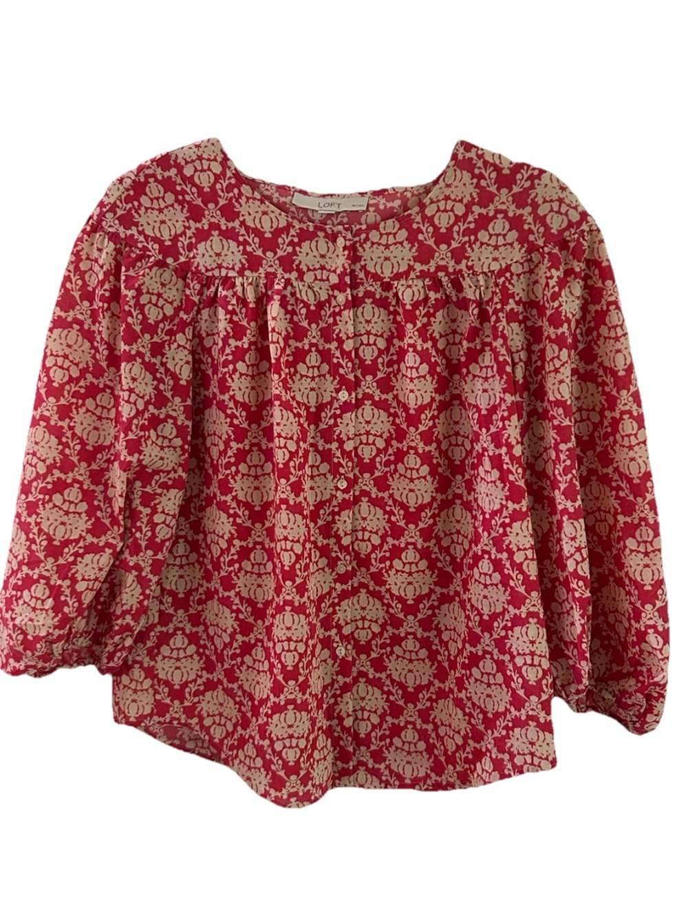 LOFT Petite Bohemian Blouse Button Up 3/4 Sleeve Salmon Print Pheasant Top Sz SP